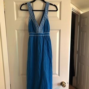 J Crew blue and white embroidered eyelet crossback maxi sundress. Linen/cotton.
